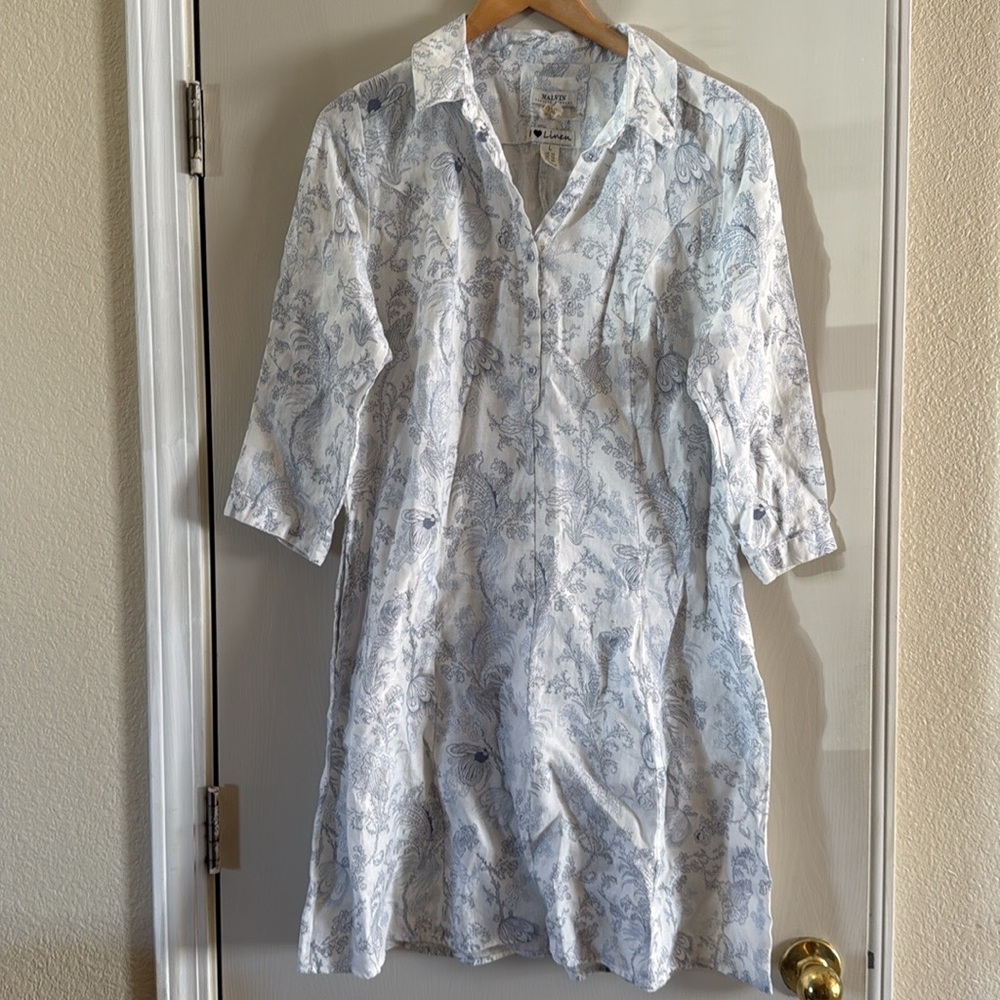Malvin I Love Linen Shirt Dress white light gray Blue floral print Size Large